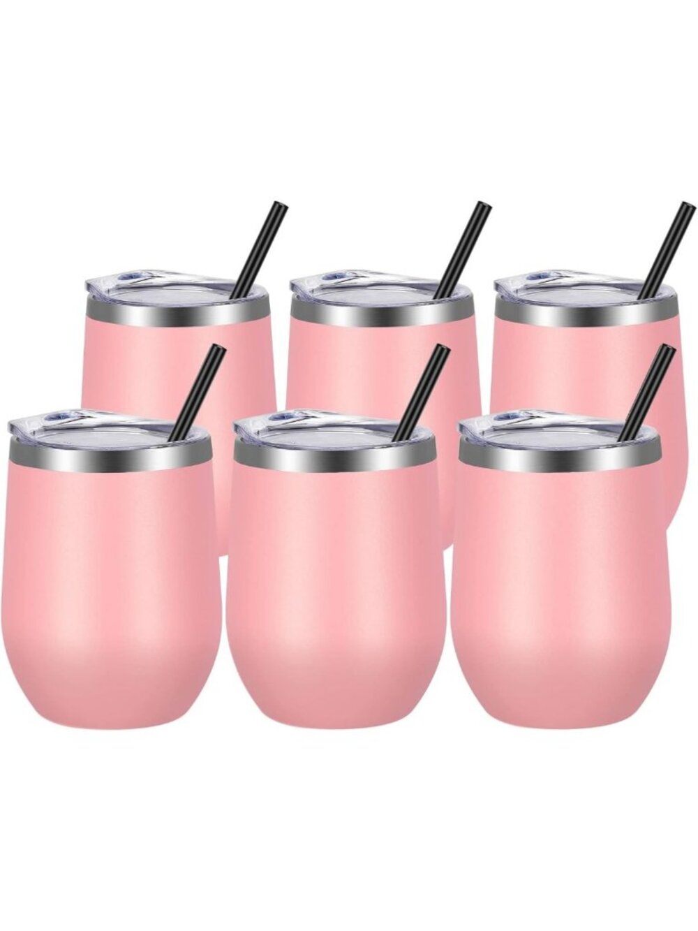 12oz Stainless Steel Wine Tumblers - 6 Pack, Insulated Cups with Lids & Straws
